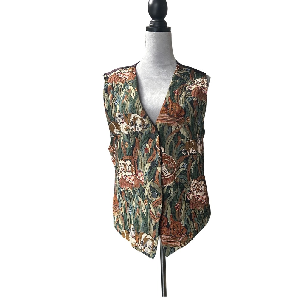 Vintage 90's Cabin Creek Women's XL Tapestry Dog Print Button‎ Front Vest - Picture 2 of 5